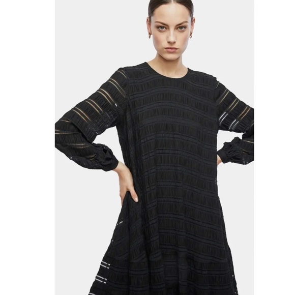 NWT Anine Bing Viola Lattice-Trimmed Plissé Stretch-knit Dress In Black - Medium - Picture 2 of 16